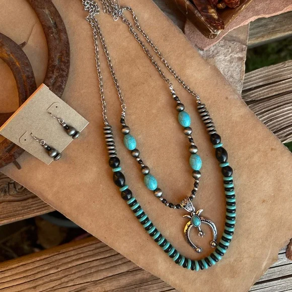 Turquoise and Silver Two Layer Necklace Set NWT - Picture 1 of 8